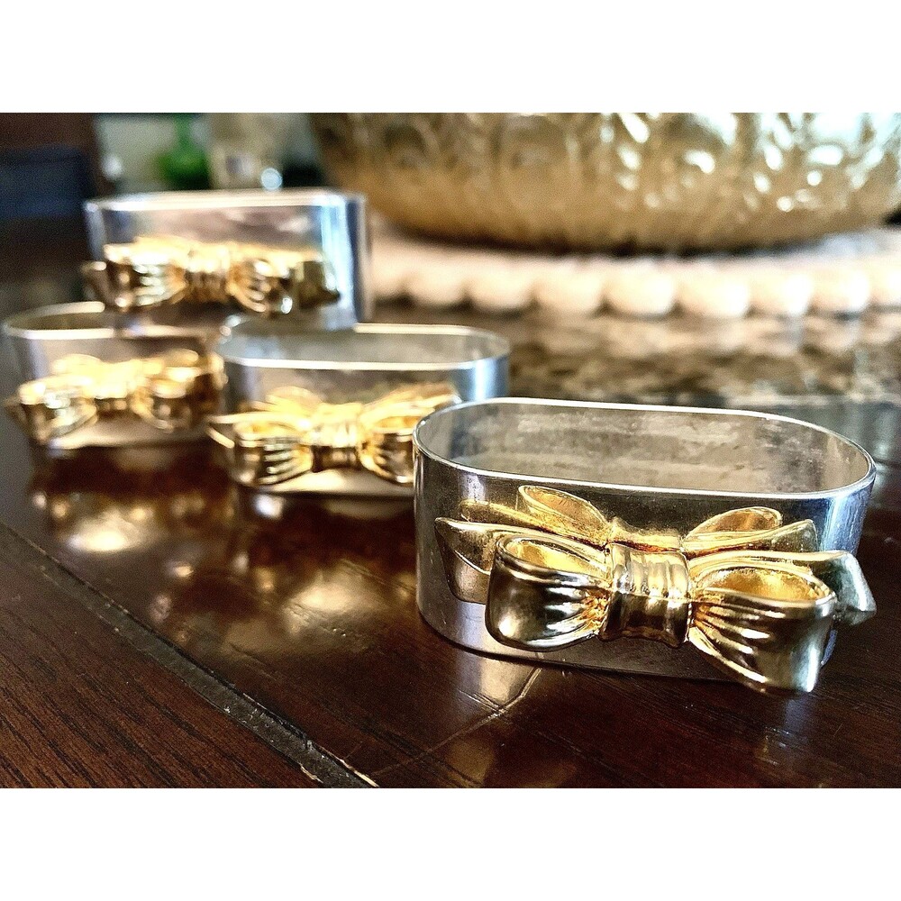 Vintage Regal Quality Silver Plated Napkin Rings Gold Bow Set of 4 Hong Kong